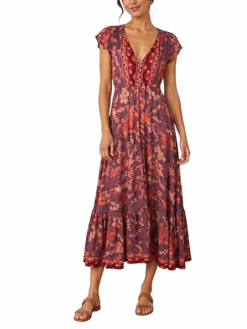 Jaase Indie Button Front Maxi Dress Women’s Size XS Bohemian Maxi Brown Floral
